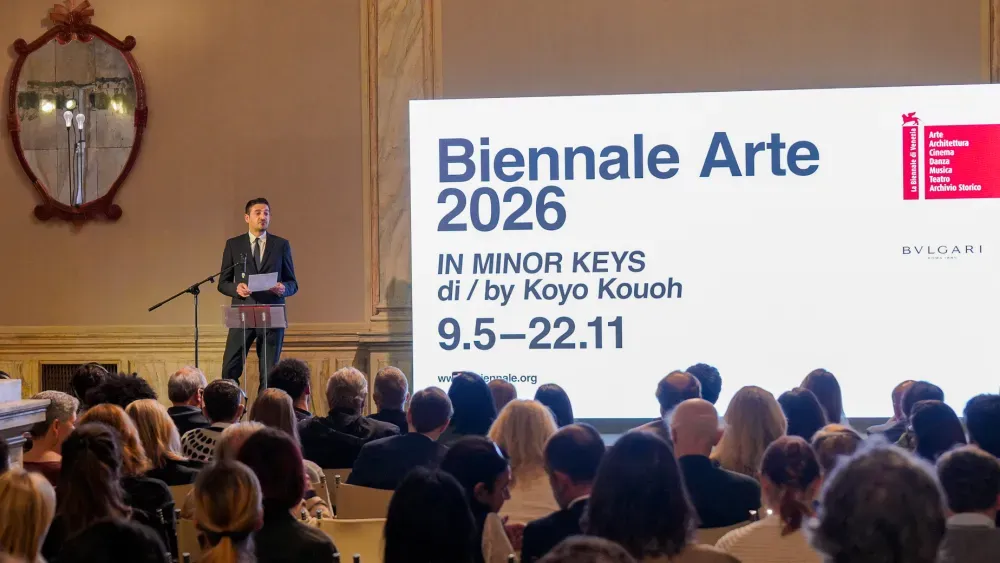 Matteo Morbidi, general director of Fondazione Bulgari, at the presentation of Biennale Arte 2026 in Venice.